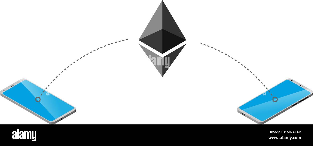 Ethereum sign is transmitted from smartphone to smartphone. isometry. message transmission Stock Vector