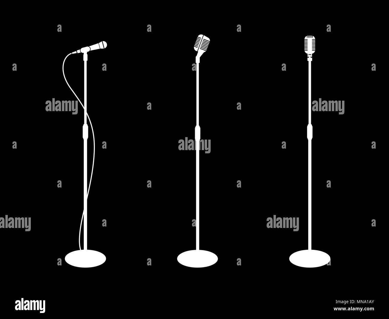 microphone silhouette on stand. three microphones on black background. icon microphone, mic. Flat design, vector. Stock Vector