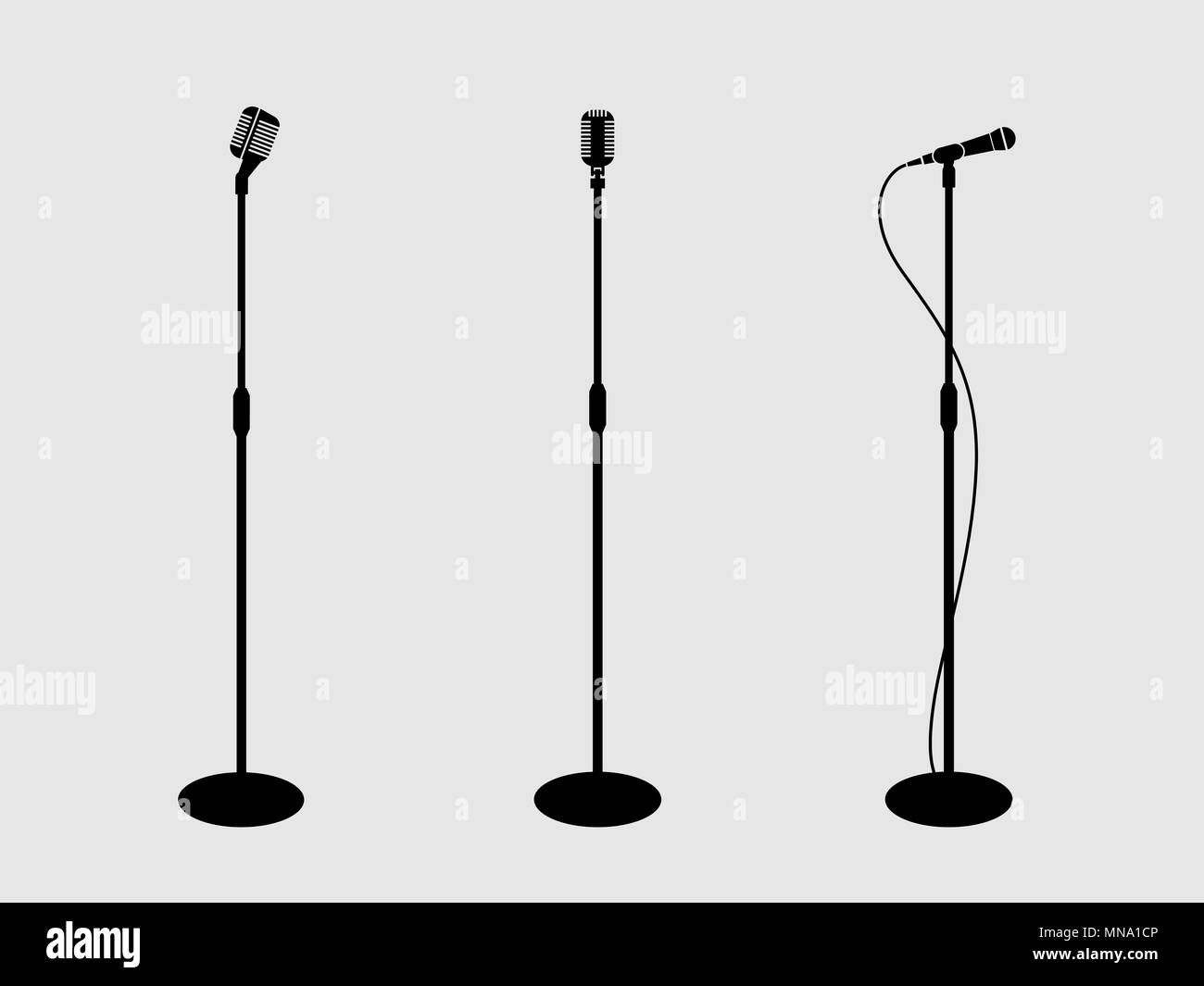 Three microphones on counter. light background. silhouette microphone. Music icon, mic. Flat design, vector. Stock Vector