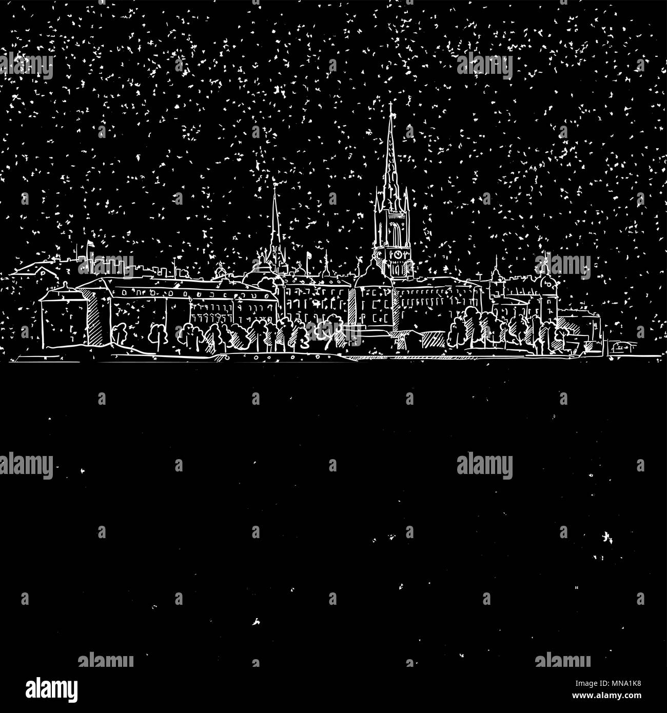 Stockholm by Night, Panoramic Landmark Sketch, Hand-drawn Illustration Vector Outline Artwork Stock Vector