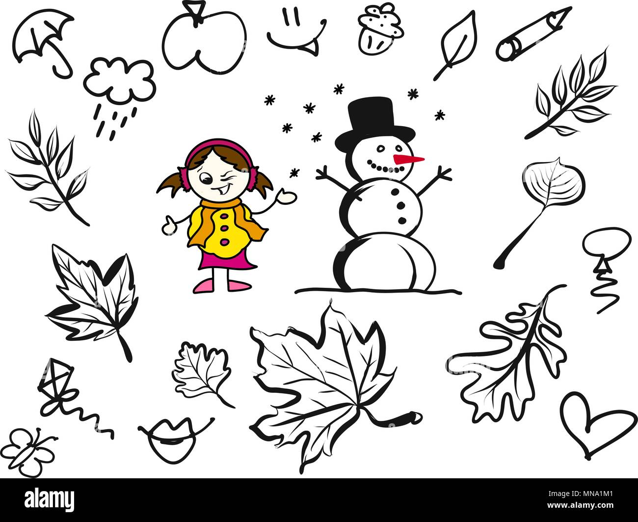 Little Comic Girl and Snowman with various sketched Leaves, Hand-drawn Vector Outline Art Doodles Stock Vector