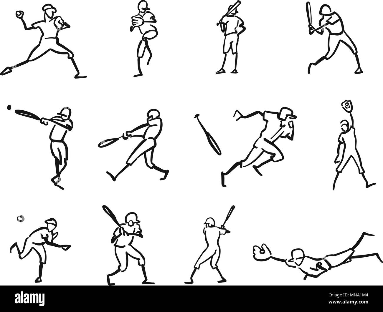 Baseball Player Motion Sketch Studies, hand-drawn vector Outline Artwork Stock Vector