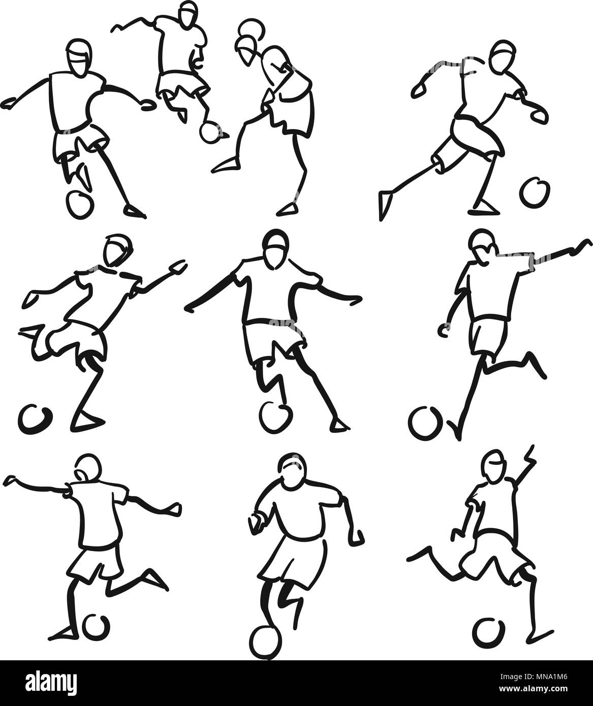 Football or Soccer Player Motion Sketch Studies, hand-drawn vector Outline Artwork Stock Vector