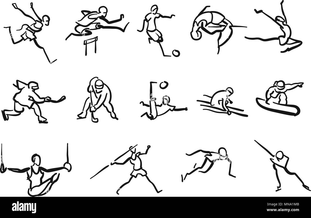 Sticky Men Sketched Athletics Sportsmen Collection, hand-drawn vector Outline Artwork Stock Vector