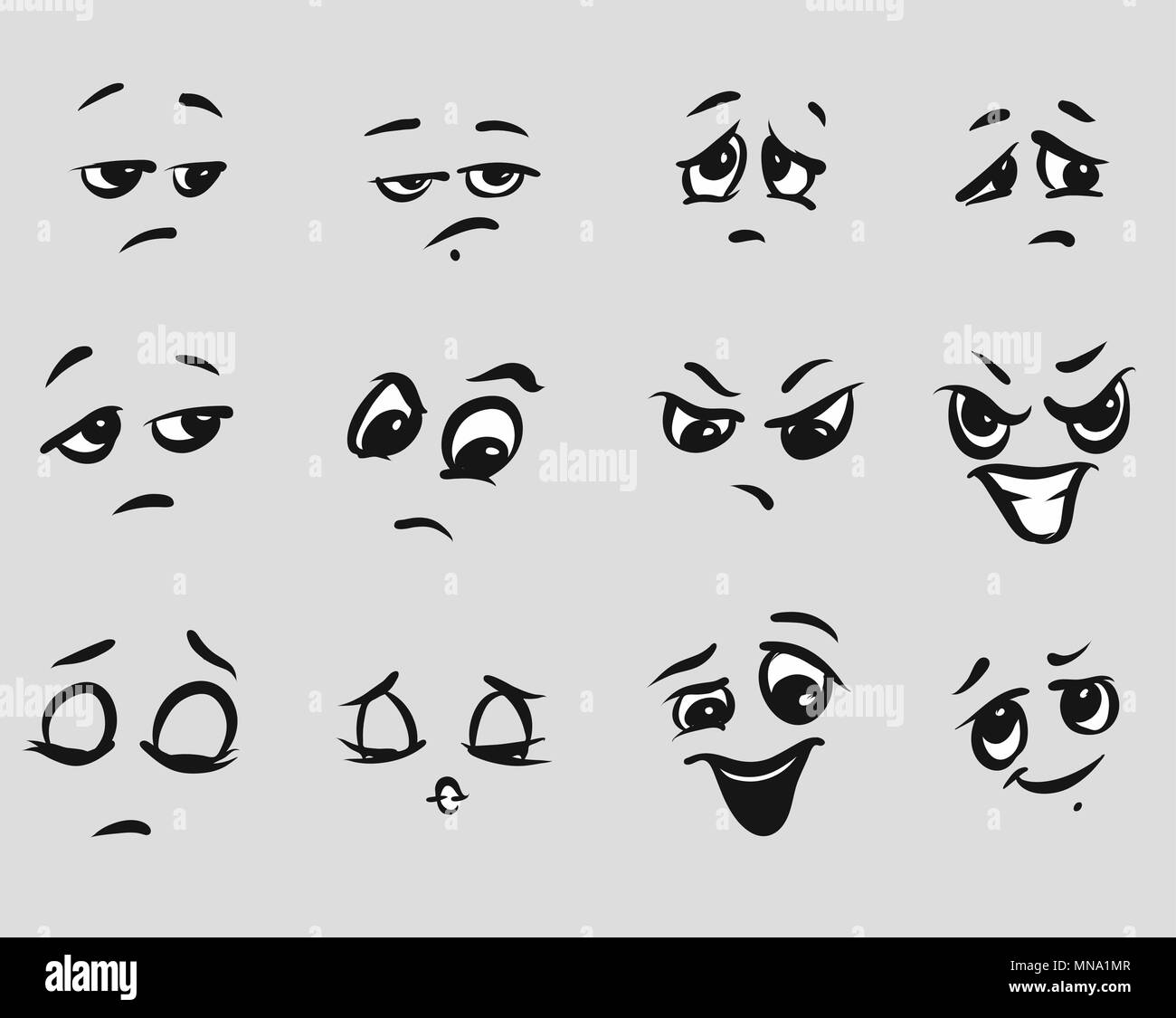Twelf Angry Cartoon Expressions Faces, Hand-drawn Vector Outline Sketched Artwork Stock Vector