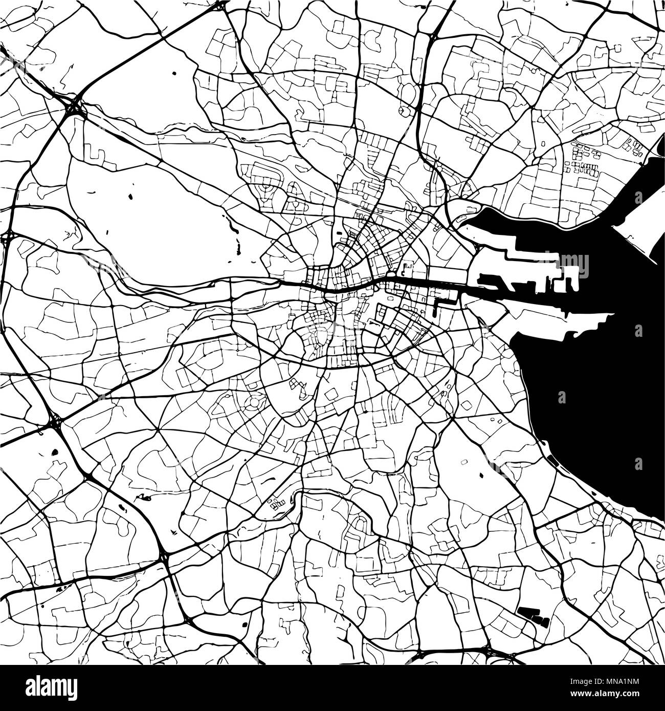 Dublin, Ireland, Monochrome Map Artprint, Vector Outline Version, ready for color change, Separated On White Stock Vector