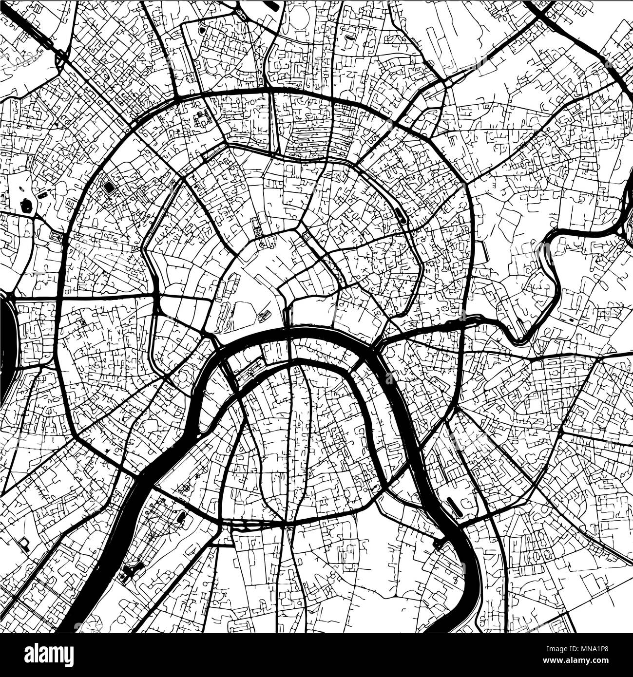 Moscow, Capital of Russia, Monochrome Map Artprint, Vector Outline Version, ready for color change, Separated On White Stock Vector