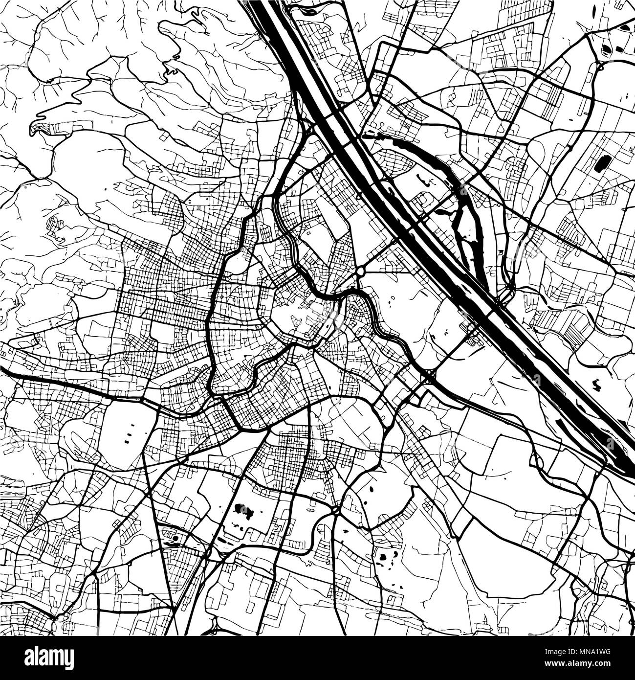 Vienna, Austria, Monochrome Map Artprint, Vector Outline Version, ready for color change, Separated On White Stock Vector