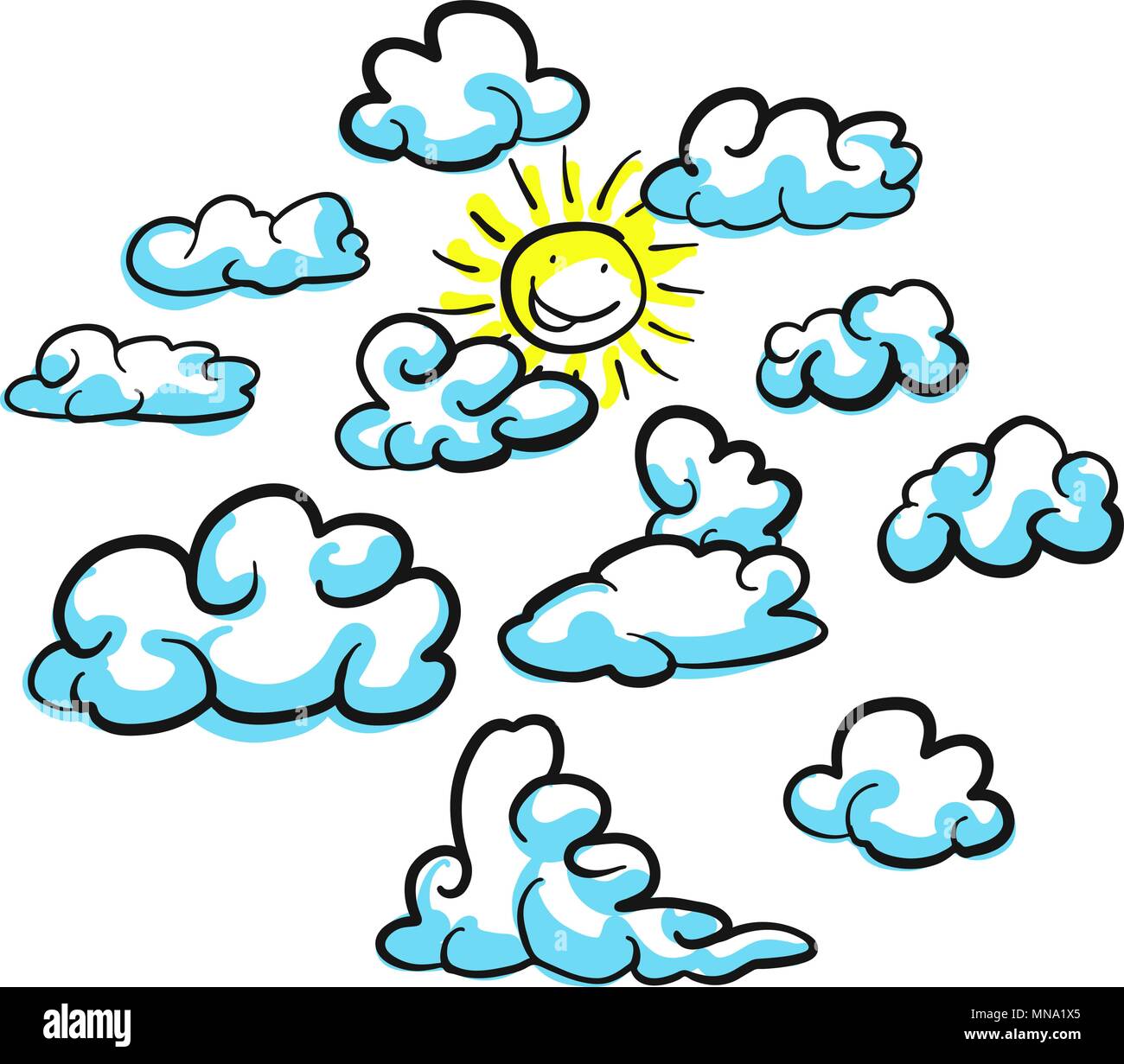 Various cloud shapes vector sketches with sun, hand drawn vector outline drawing black pen on white ground Stock Vector