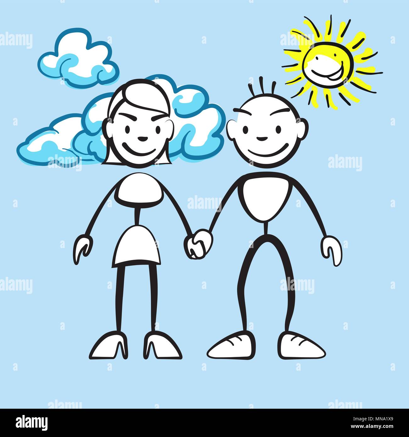 Couple smiling with clouds and sun, vector drawing on coloured background, ready for color change Stock Vector