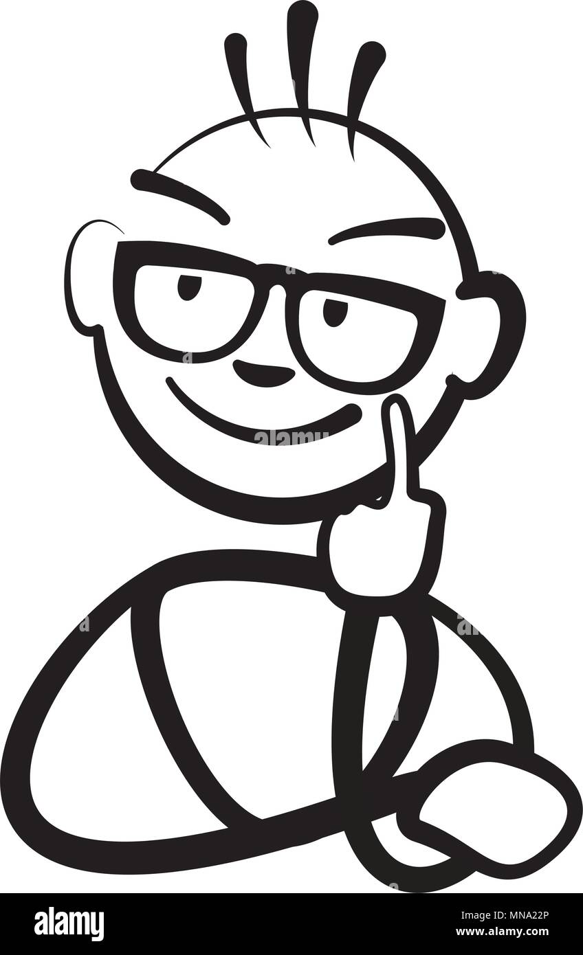 Stick Figure Man with Glasses, Vector Drawing on White Background