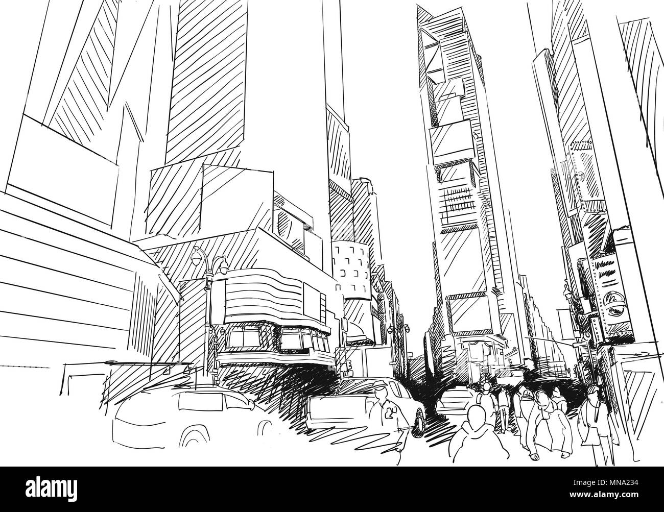 Time Square, New York City. Hand-drawn Vector Outline Sketch. Unique perspective. Stock Vector