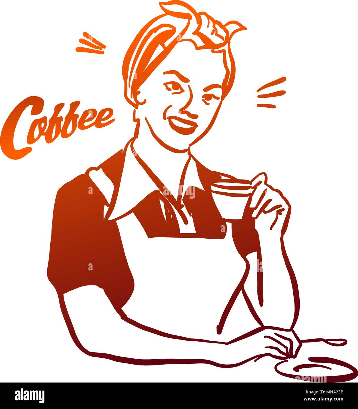 Vintage Woman holding cup of Coffee, Hand drawn Vector Artwork with litte Lettering Headline. Usabe as part of Logo design für Cafe, Restaurant or any Stock Vector