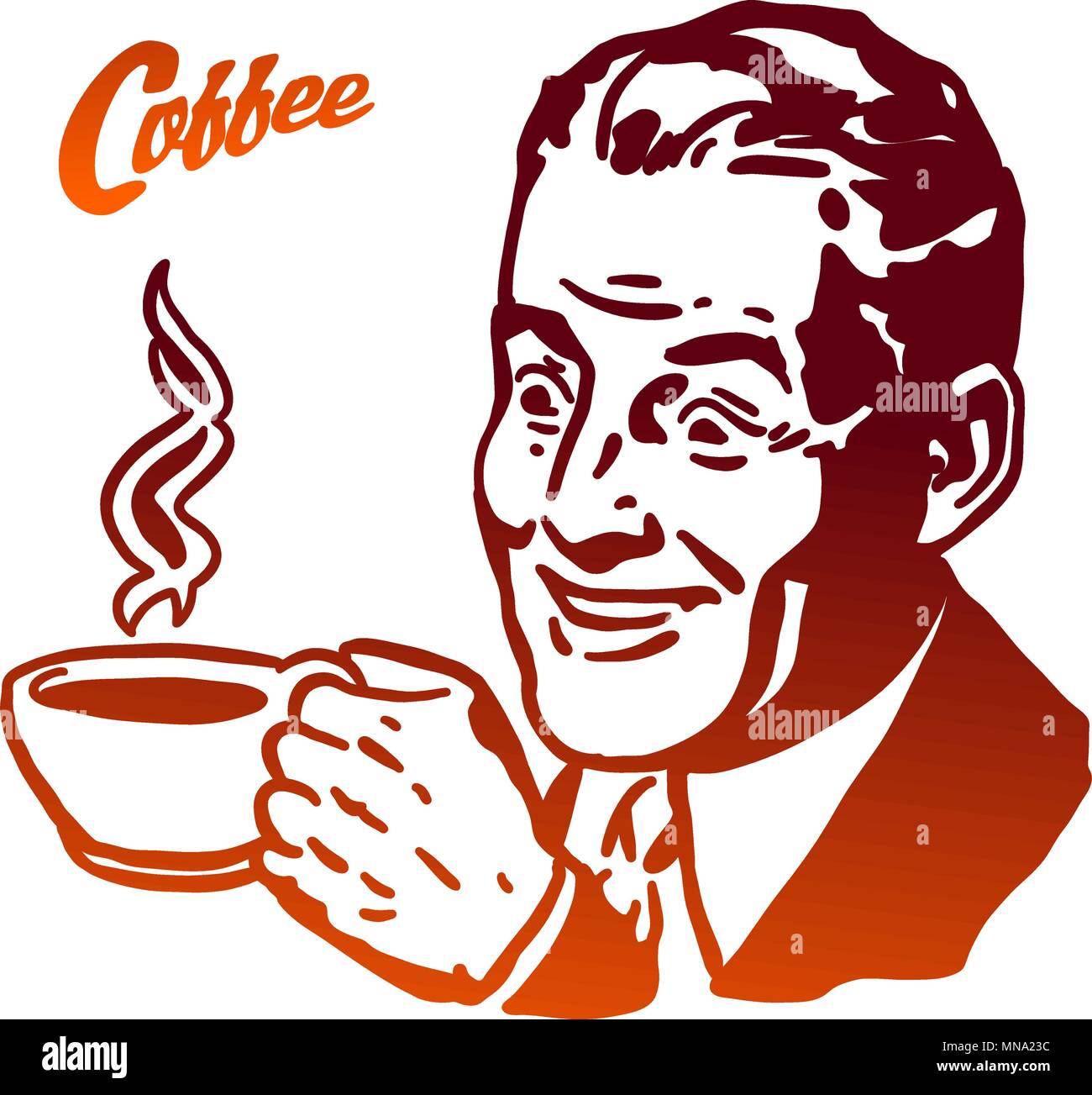 Cup of Coffee presented by Vintage Man, Hand drawn Vector Artwork. Usable as part of Logo for Cafe, Restaurant or any kind of advertising in Web or as Stock Vector