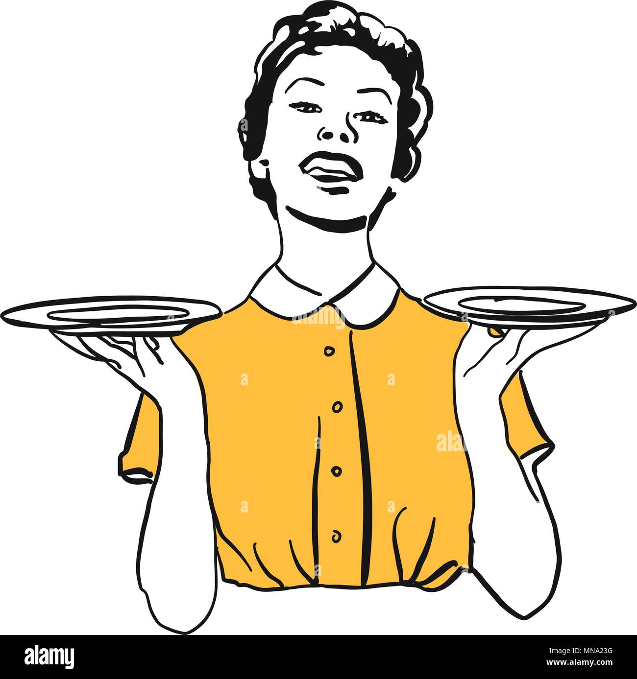 Vintage housewife or waitress balance empty plates, presenting Food or other Products. Hand drawn artwork for any kind of advertising in web ans as pr Stock Vector