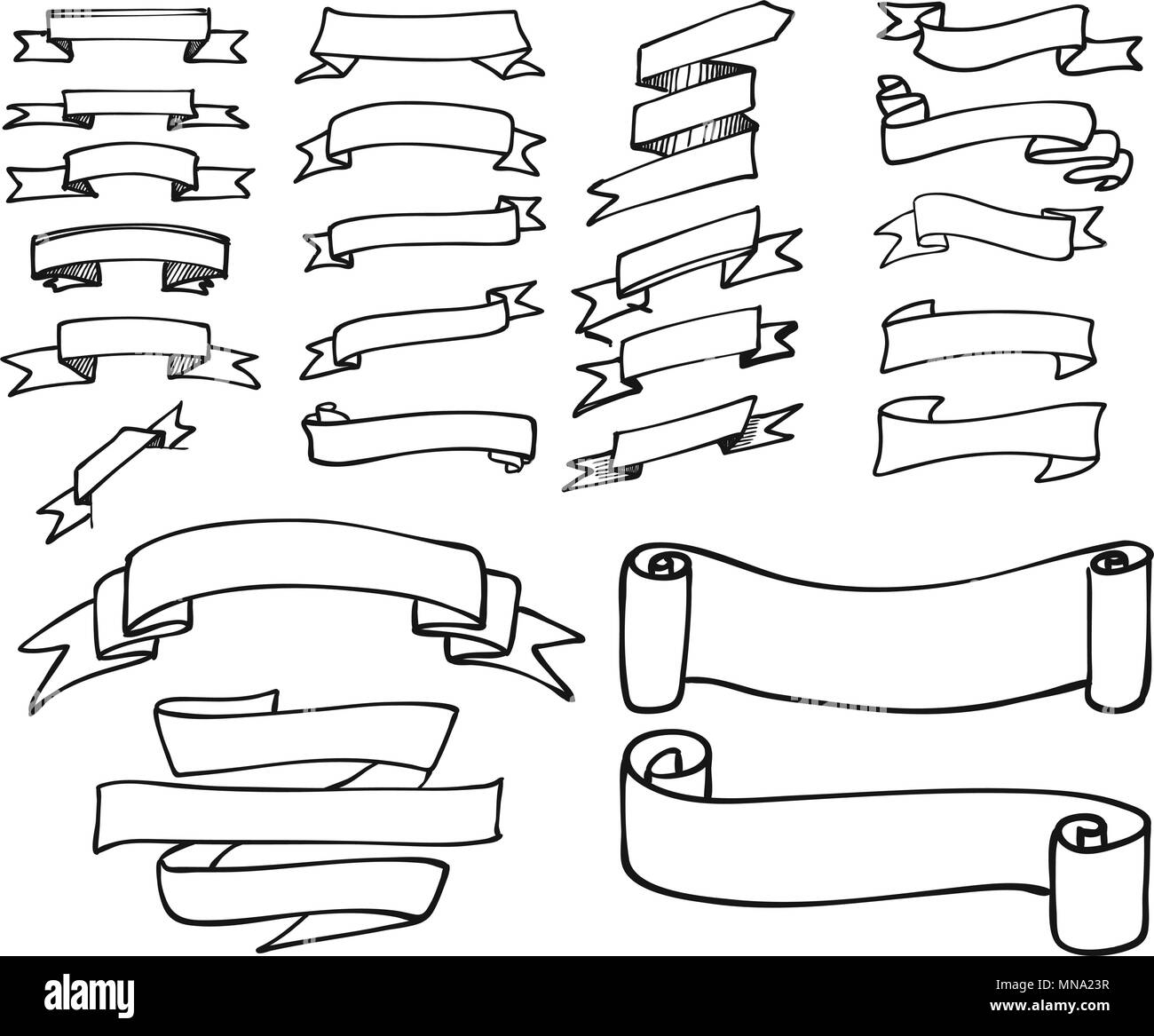 Simple Outline Banner and Ribbon Collection. Hand drawn Vector Outline