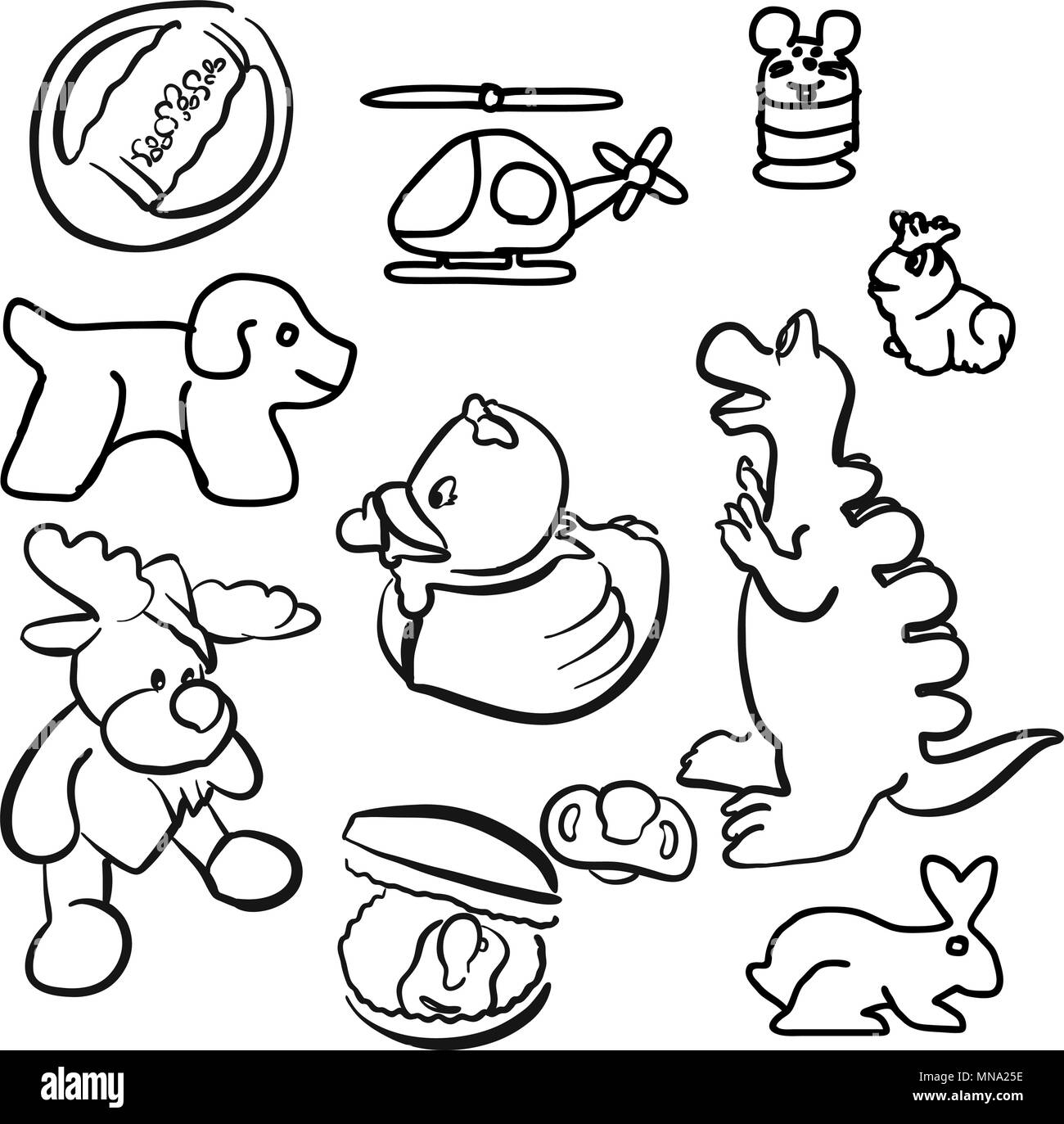 Baby Toys Outline Sketched Doodles, Vector Artwork Stock Vector