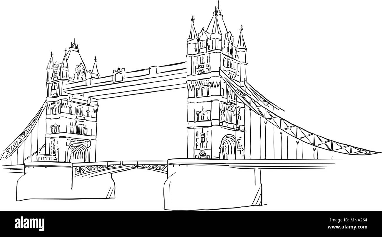 London Tower Bridge Outline Sketched, Famous Destination Landmark, Hand drawn Vector Artwork Stock Vector