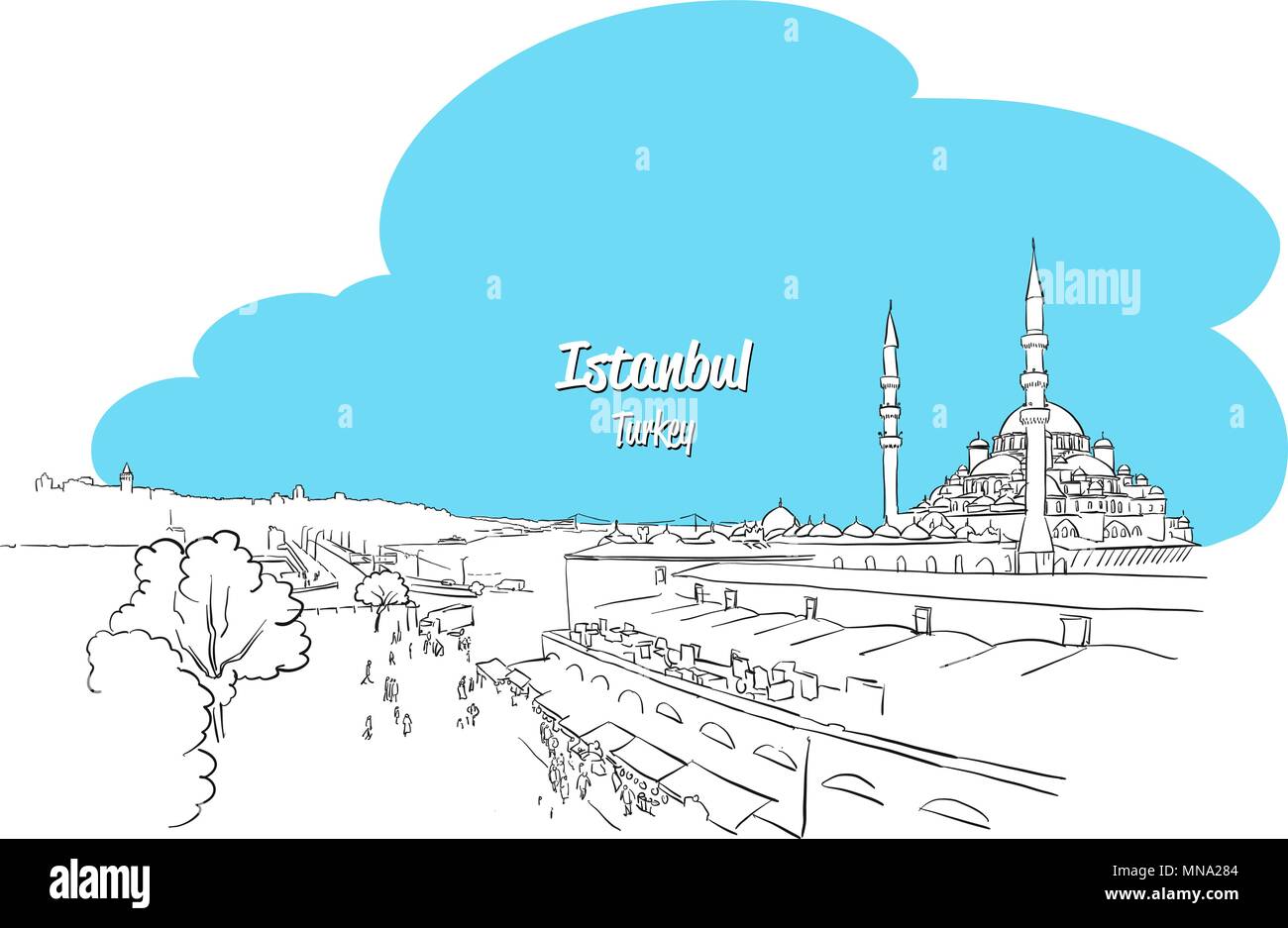 Istanbul Skyline Panorama sketched Greeting Card, Hand drawn Vector Outline Artwork Stock Vector