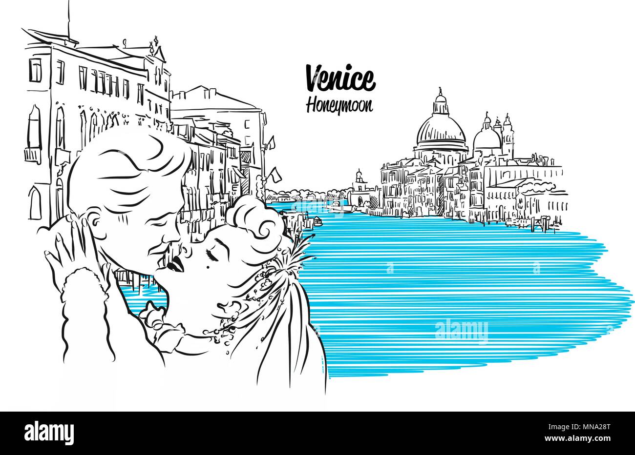 Venice Skyline with kissing Vintage Couple Sketch, Hand drawn Vector Outline Artwork Stock Vector