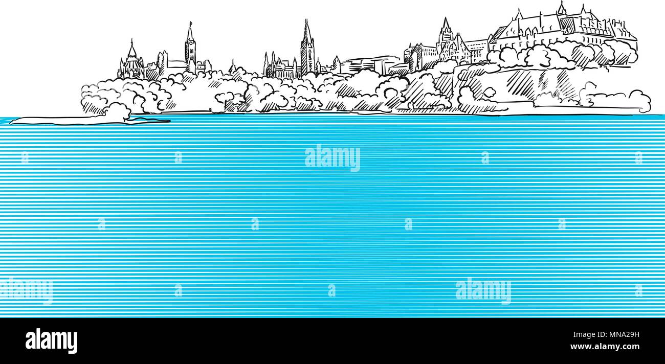 Ottawa Panorama Sketch seen from Ontario River, Hand drawn Vector Outline Artwork Stock Vector