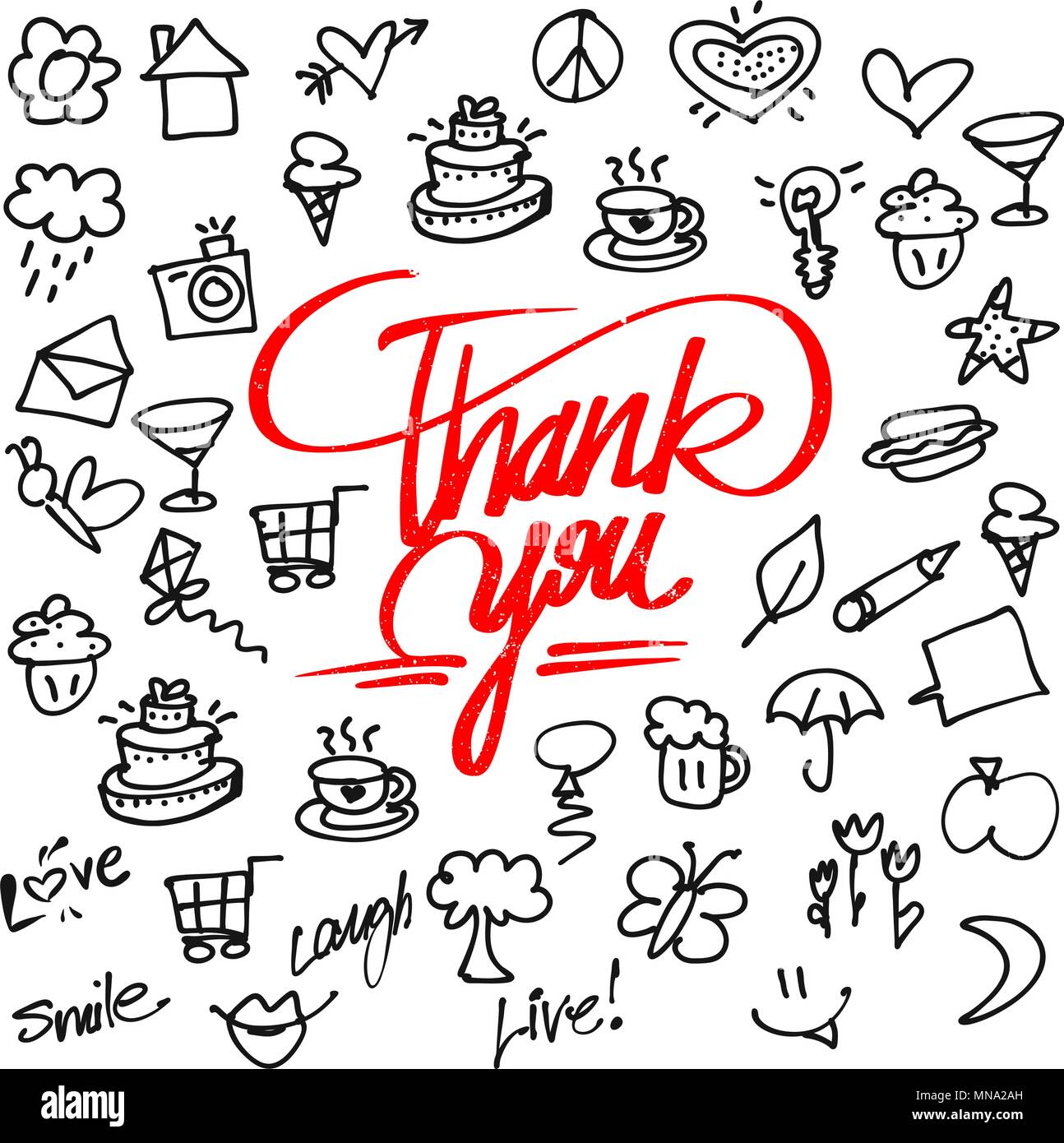 Thank you letter Typo and Icons, Hand drawn Vector Calligraphy Greeting Card Concept Stock Vector