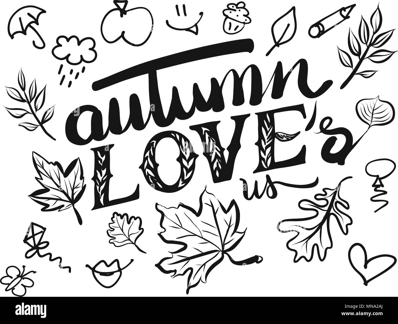 Autumn Loves us Typo and Icons, Hand drawn Vector Calligraphy Greeting Card Concept Stock Vector