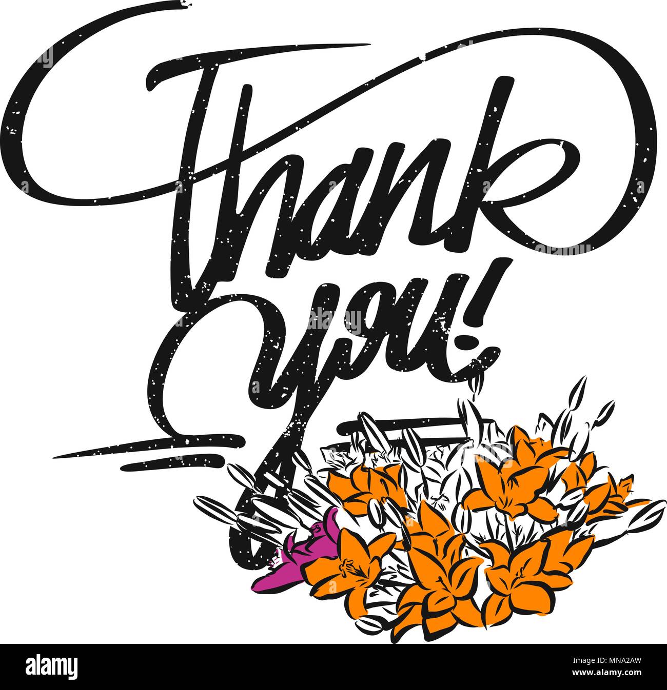 Thank you Typo and Bunch of Flowers, Hand drawn Vector Calligraphy Greeting Card Concept Stock Vector
