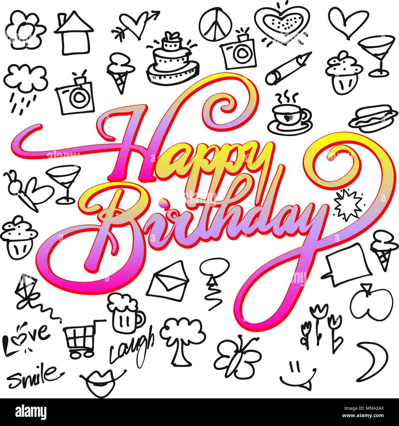 Happy birthday Icons and Doodles, Hand drawn Vector Calligraphy Greeting Card Concept Stock Vector