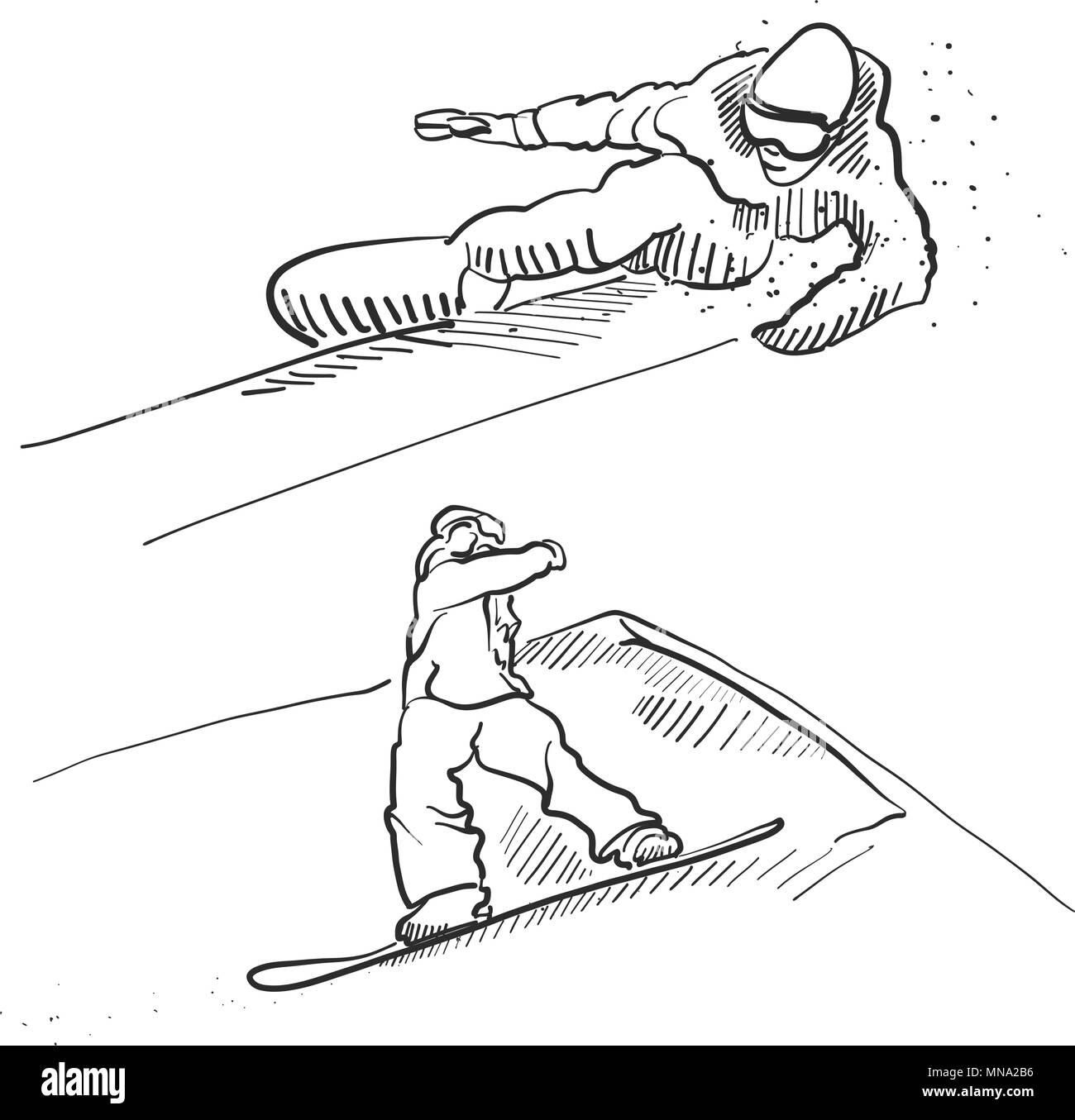 Two Snowboarder Jumping Situation Sketches, Hand drawn Vector Outline Artwork Stock Vector