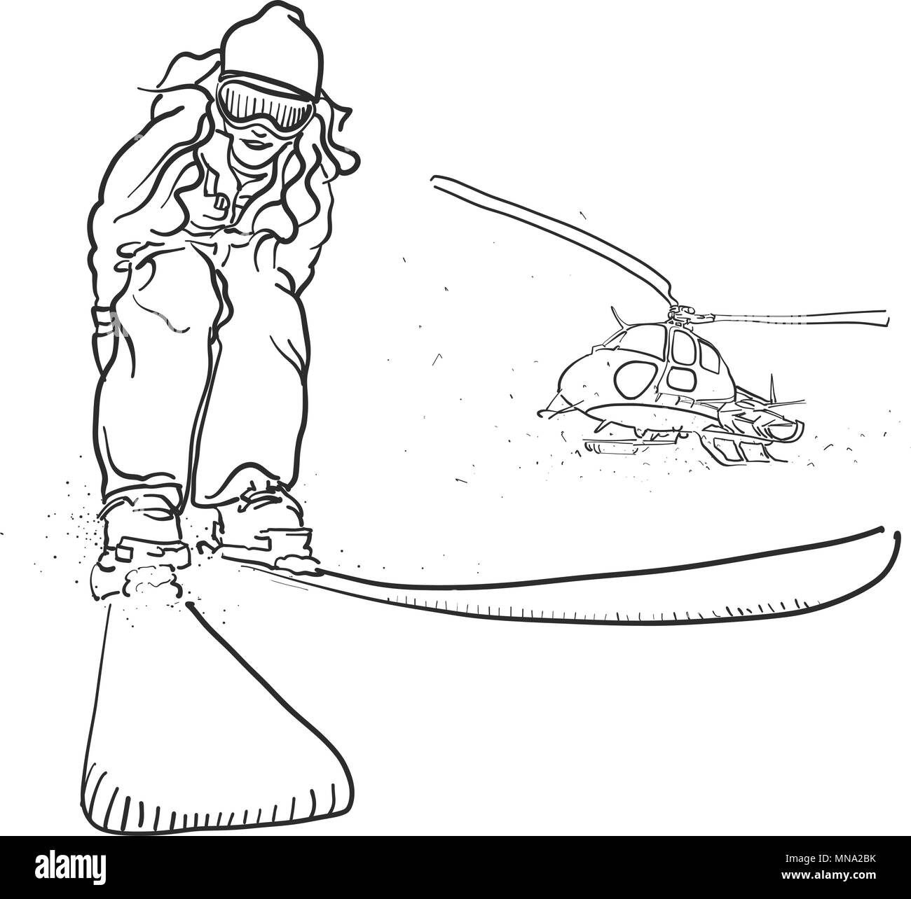 Skiing and Helicopter Doodle Sketches, Hand drawn Vector Outline Artwork Stock Vector