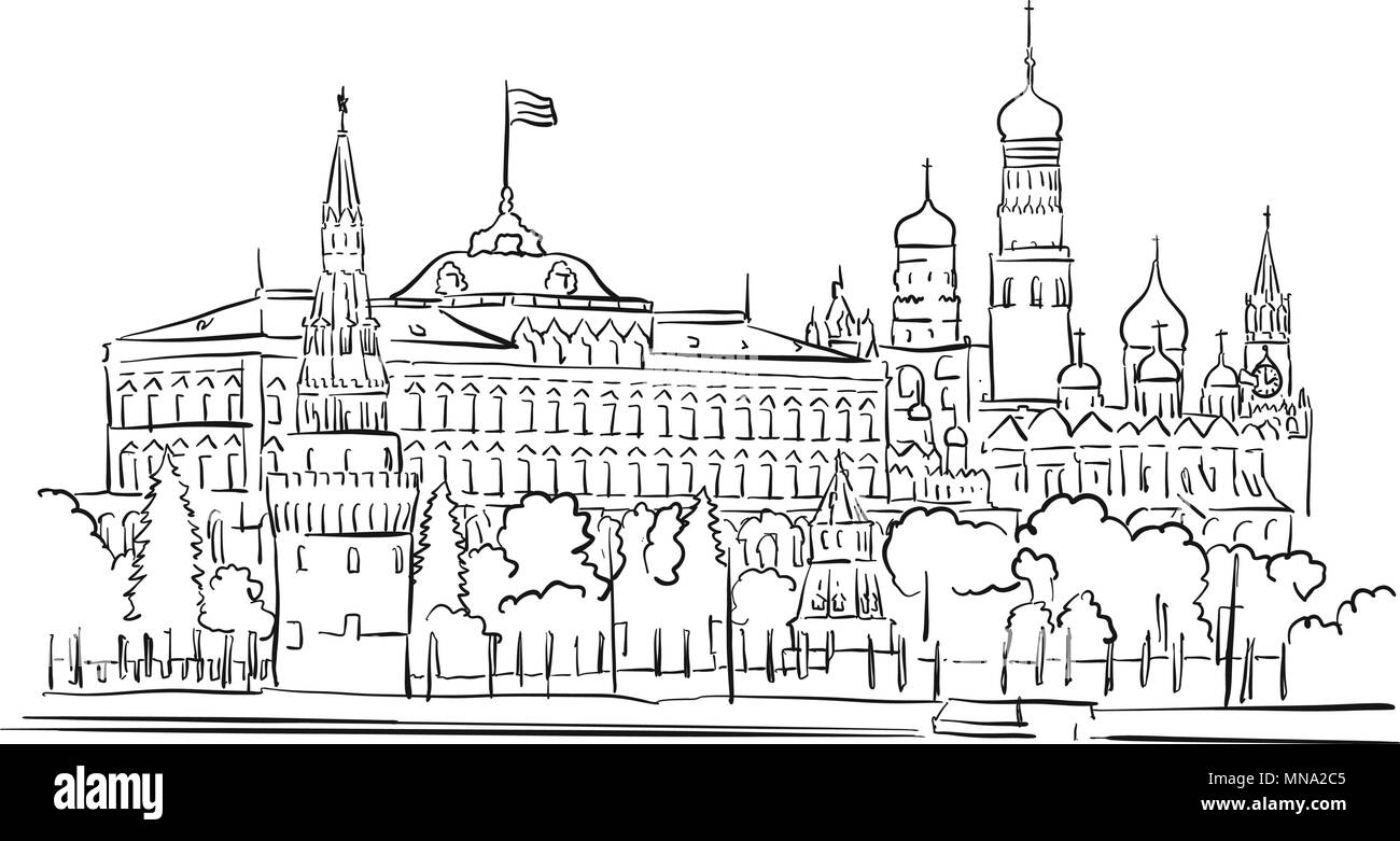 Kremlin, Moscow, Panoramic Greeting Card Sketch, Hand-drawn Vector Outline Artwork Illustration Stock Vector