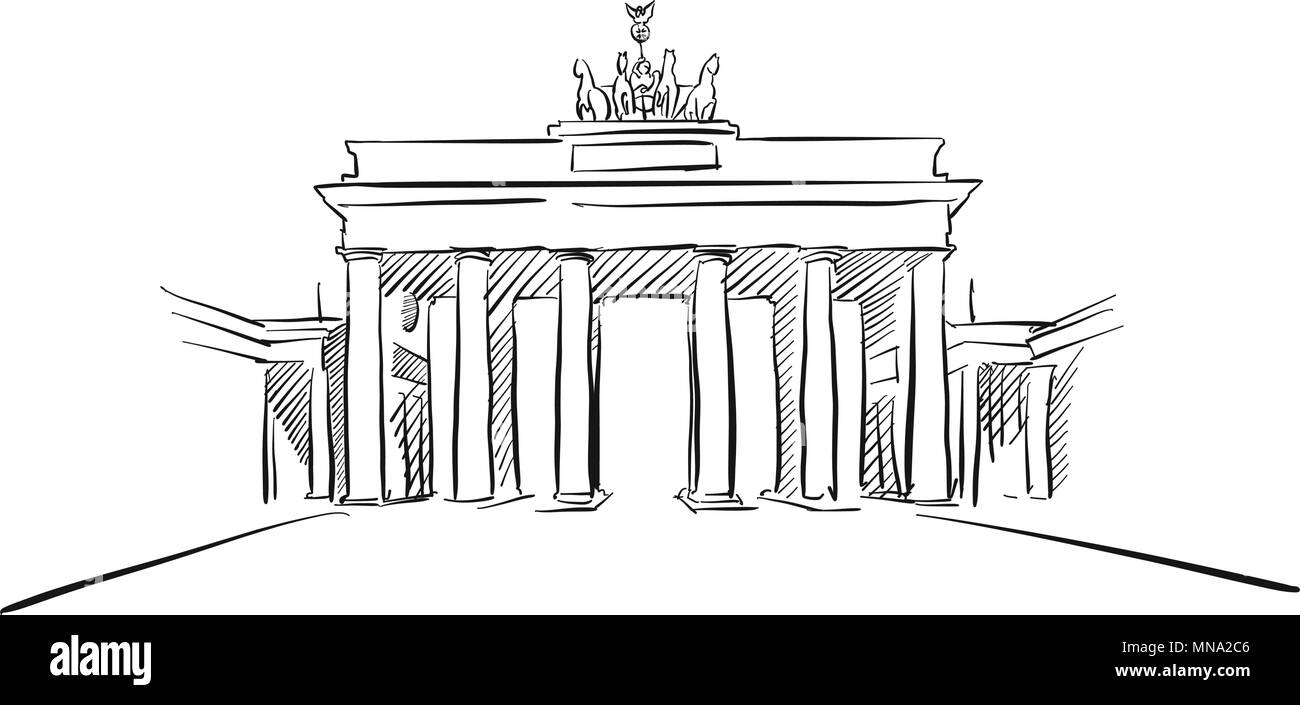 Berlin Brandenburger Gate Greeting Card Sketch, Hand-drawn Vector Outline Artwork Illustration, Tor Stock Vector