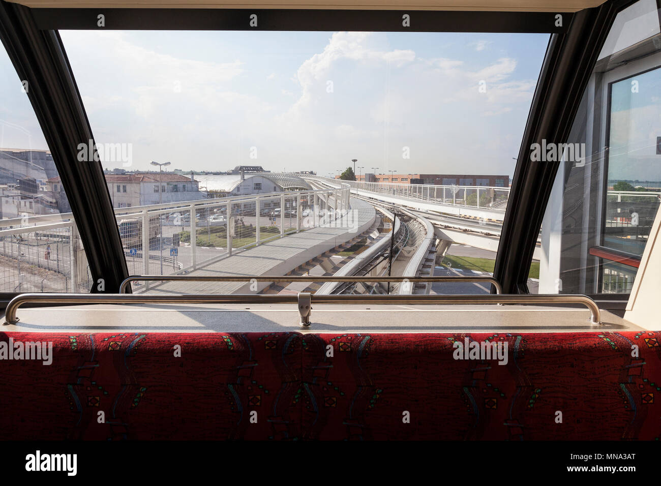 Venice People Mover Series: View through the windscreen of the Venice People Mover, Venice, Italy showing the elevated track ahead . First person POV Stock Photo