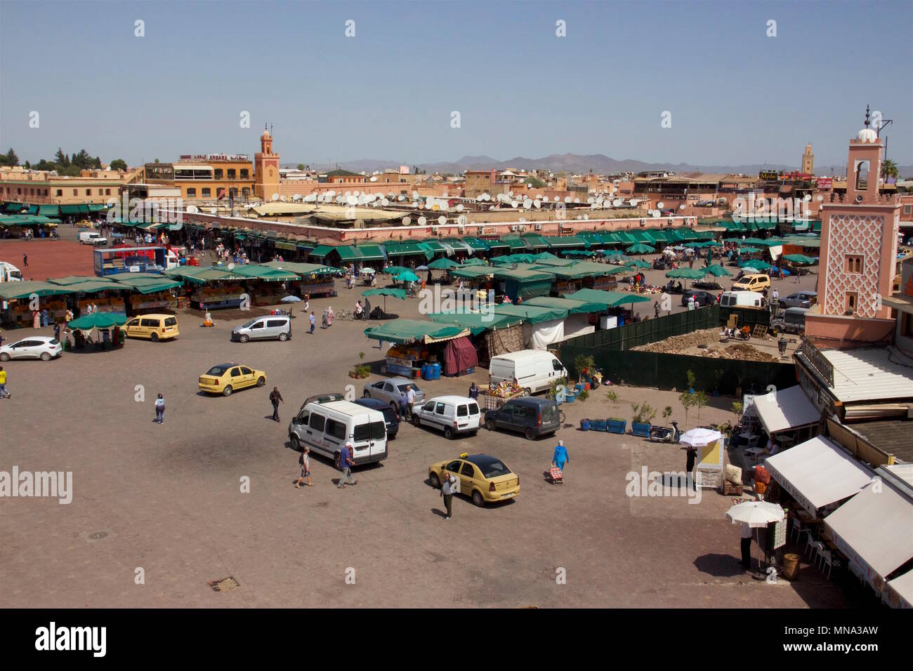 An aerial view of Jemaa el-Fnaa, the main square of Marrakesh and market place in Marrakesh's medina quarter, used by locals and tourists. Stock Photo