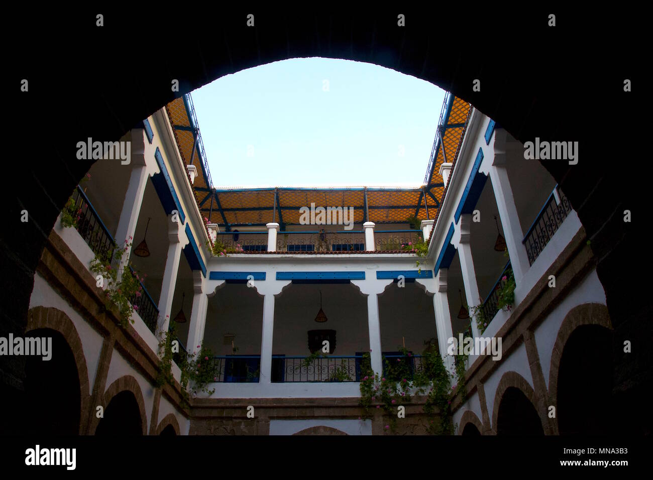 Looking up at the top floor of a Moroccan Riad in Essaouira Stock Photo