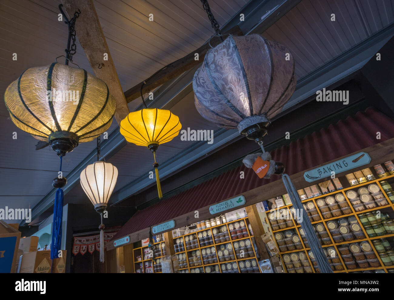 Hanging oriental or eastern lanterns in a spice supplier and retailers