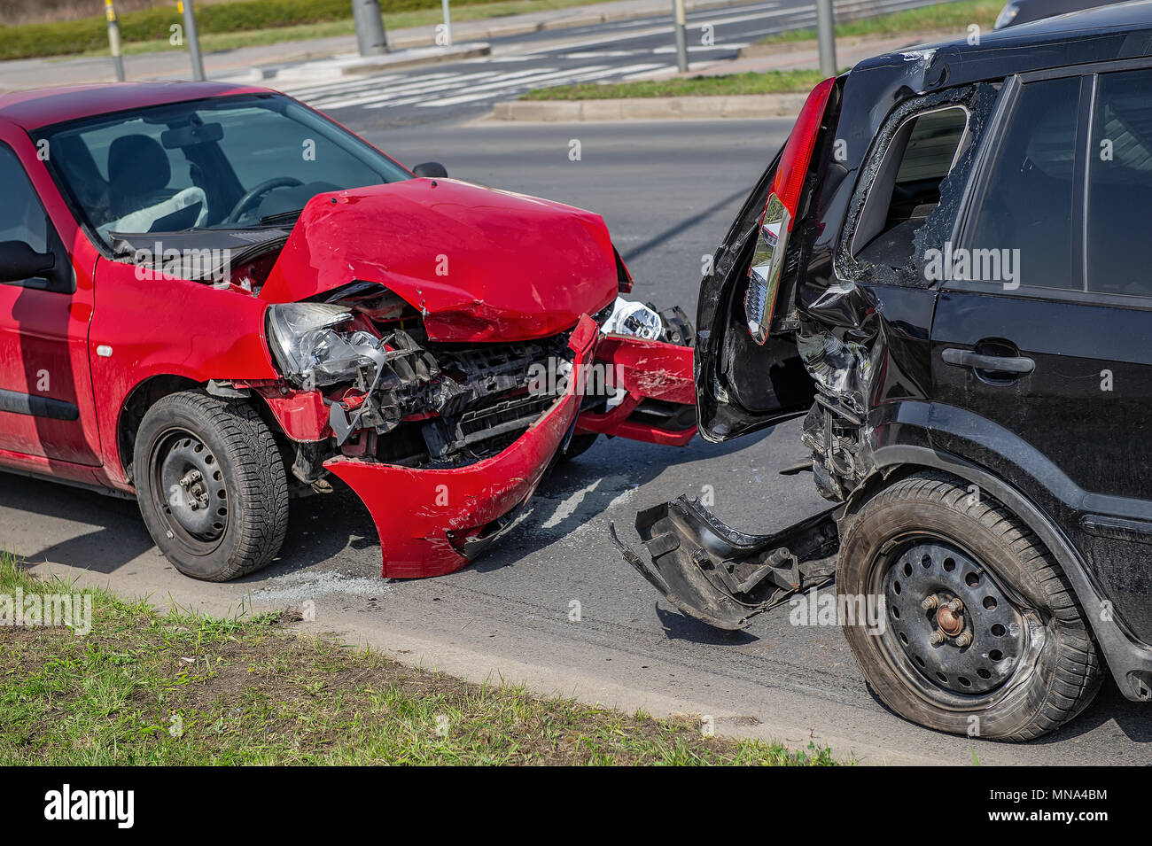 Car crash accident on street, damaged automobiles after collision in city Stock Photo