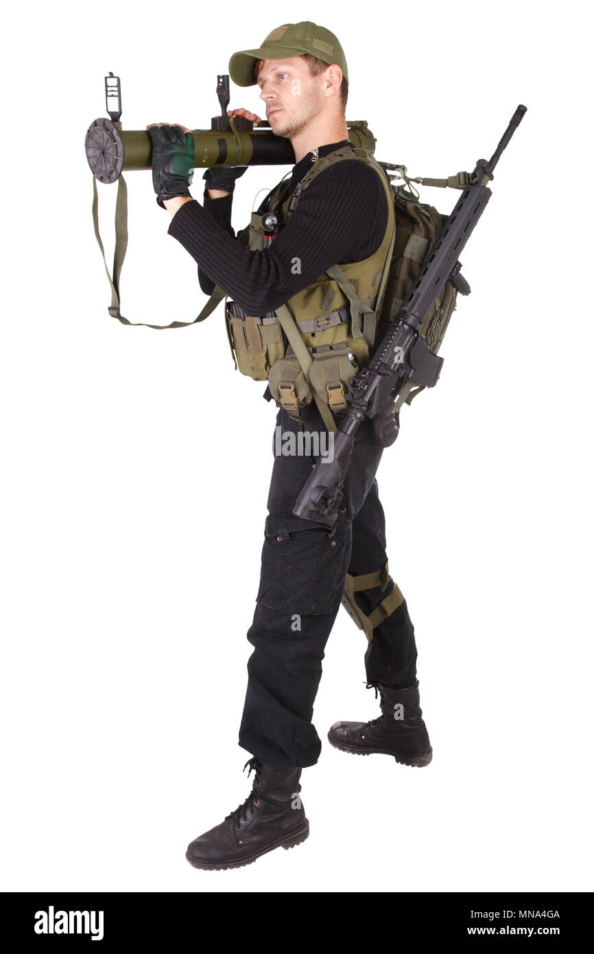 mercenary with bazooka gun isolated on white Stock Photo Alamy