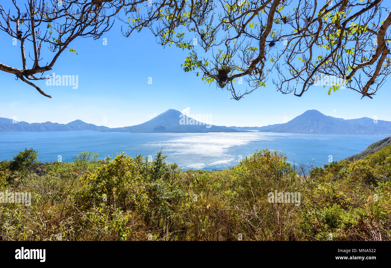 Panorama view to the lake Atitlan and volcanos - Guatemala Stock Photo
