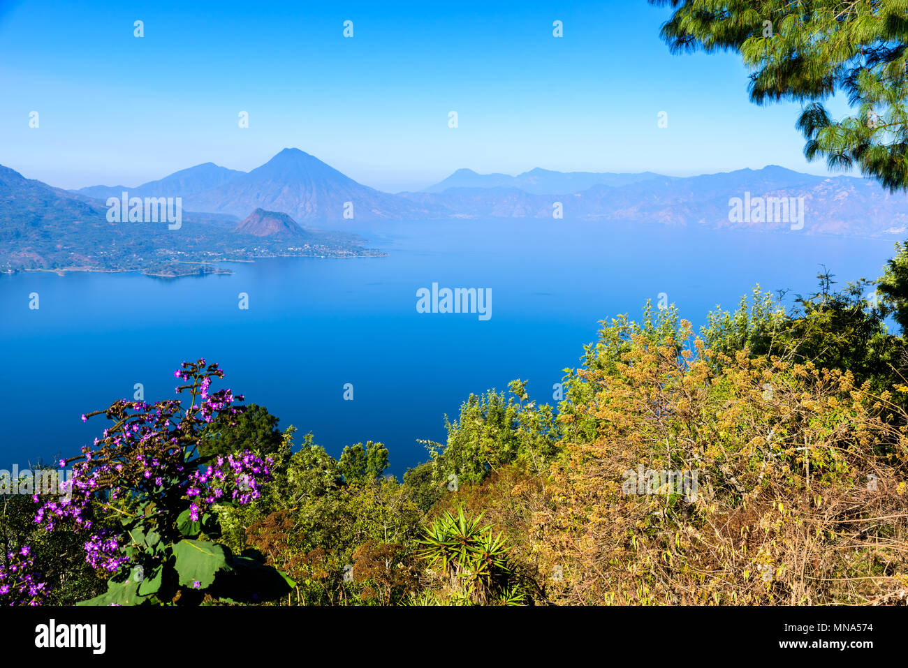 Panorama view of the lake Atitlan and volcanos in the highlands of ...