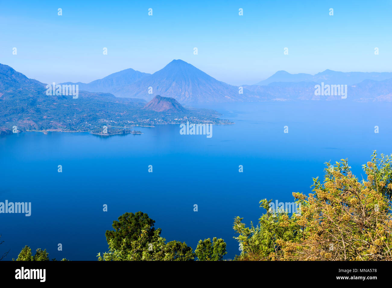 Panorama view of the lake Atitlan and volcanos in the highlands of ...