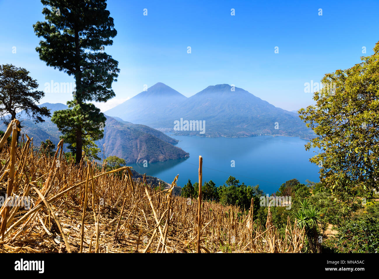 Panorama view of the lake Atitlan and volcanos in the highlands of ...
