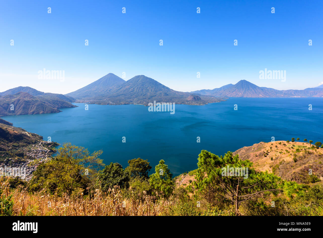 Panorama view of the lake Atitlan and volcanos in the highlands of ...