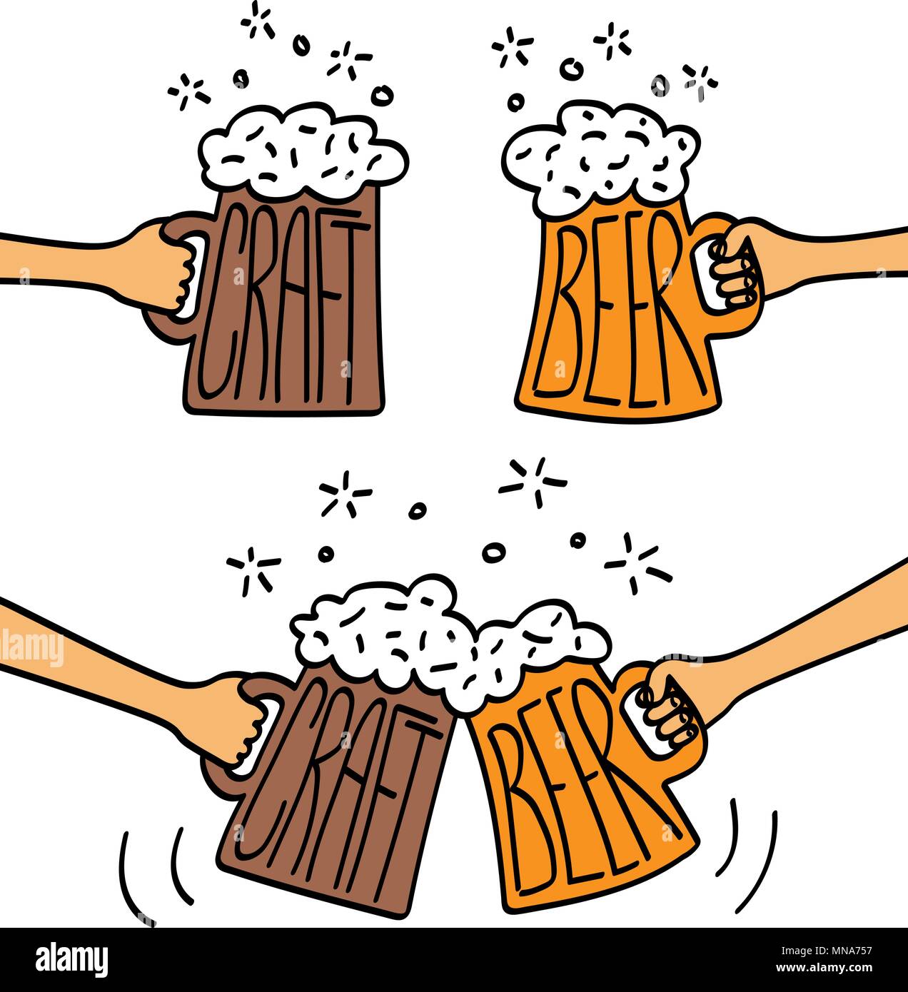 hands holding mugs of craft beer with foam. Cartoon. light and dark beer. Festival Concept. Flat Vector Illustration Stock Vector