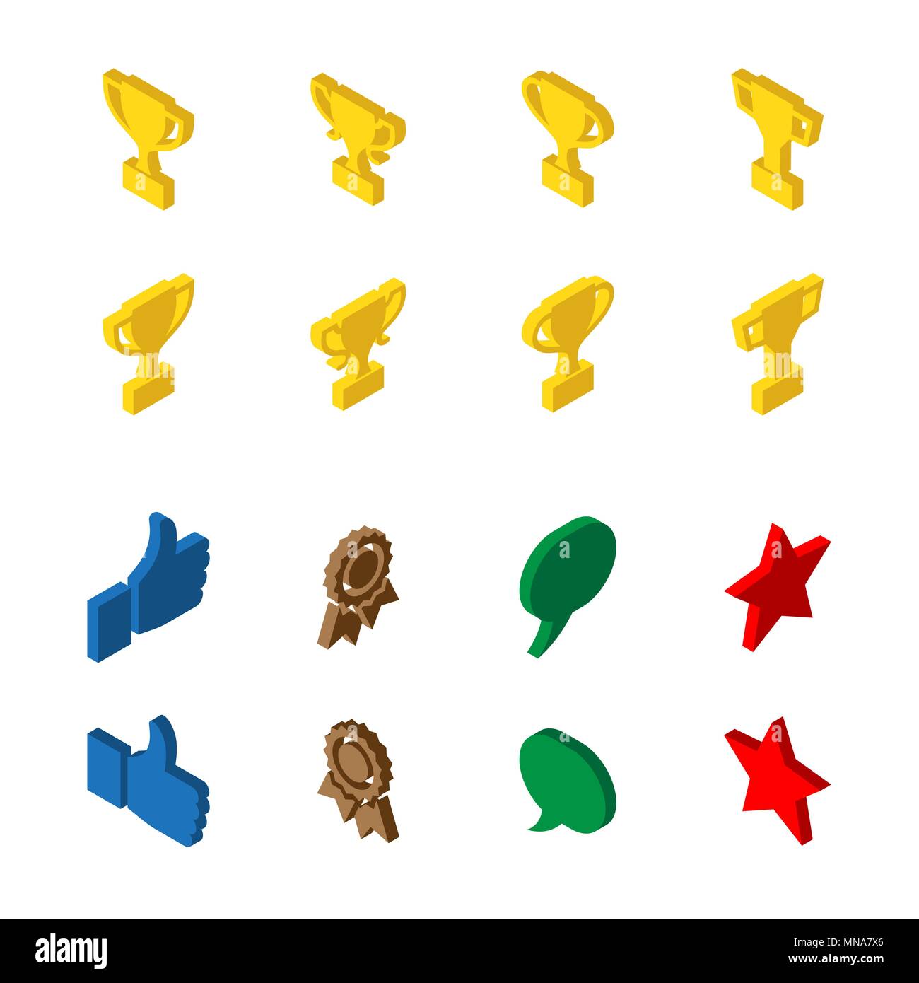 Icons of sport and victory in isometrics. Cup, star, message, like, medal 3d. set Stock Vector