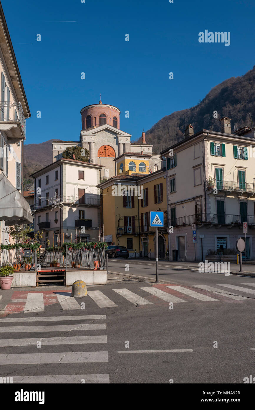 View, of the, Church, 'Chiesa di Sant'Ambrogio', in, Leveno, on, Lake Maggiore.   Province of Varese, Lombardy, ITALY,  31/12/2016  © Peter SPURRIER Stock Photo