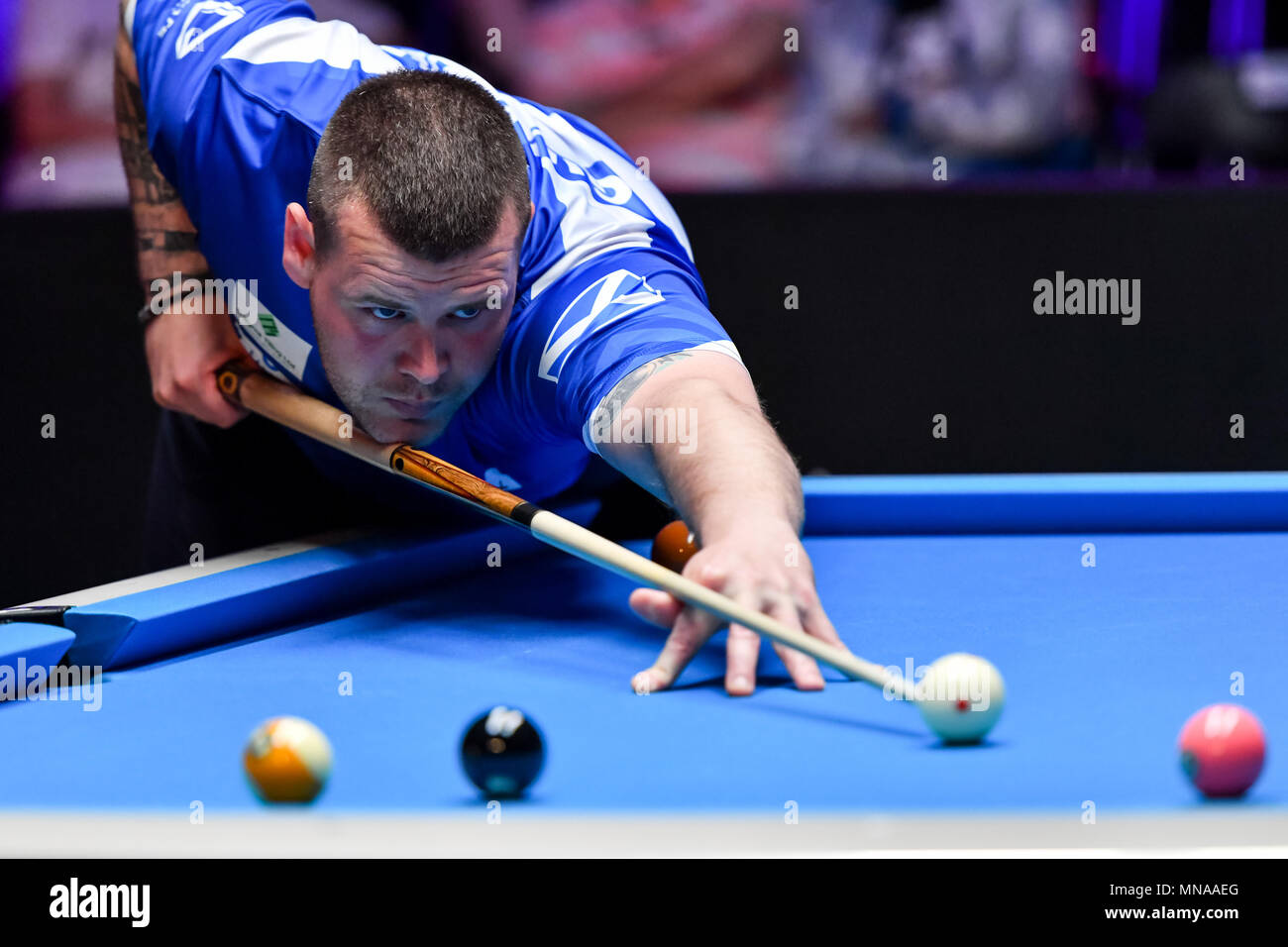 Shanghai, China. 15th May 2018. Scotland's Scott Gillespie in action during WORLD CUP of POOL 2018: Round 1 - Scotland vs Canada at Luwan (Gymnasium) Arena on Tuesday, 15 May 2018. SHANGHAI, CHINA. Credit: Taka G Wu Credit: Taka Wu/Alamy Live News Stock Photo