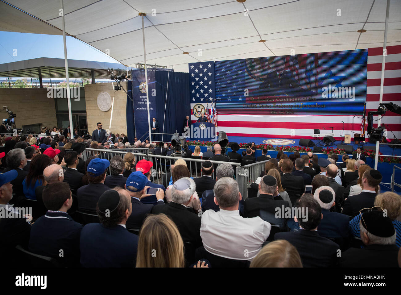 Beijing, China. 14th May, 2018. Israeli Prime Minister Benjamin Netanyahu speaks during the inauguration ceremony of the new U.S. embassy in Jerusalem, on May 14, 2018. Credit: JINI/Xinhua/Alamy Live News Stock Photo