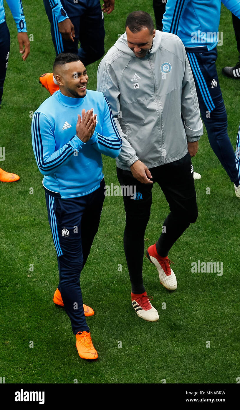 Dimitri Payet of Marseille and Yohann Pele of Marseille during a Marseille  training session, prior to the Europa League final, at Parc Olympique  Lyonnais on May 15th 2018 in Lyon, France. (Photo